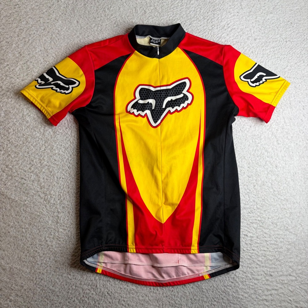 Vintage Fox Racing Cycling Jersey Red Yellow Black Logo Made in USA Mens XL
